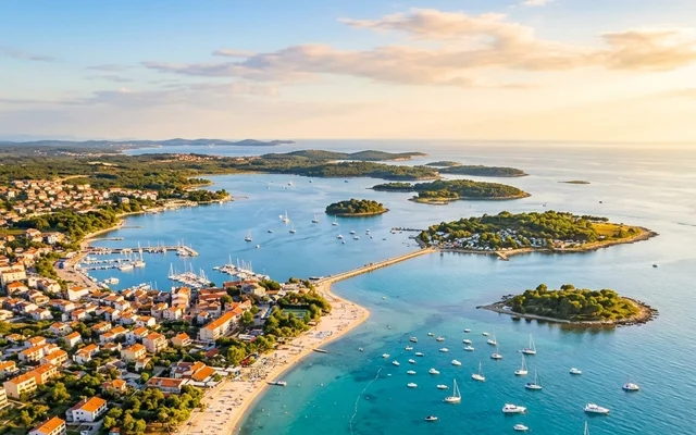 Peščana plaža Bijeca u Medulinu sa plitkim morem i borovima — južna Istra, Hrvatska